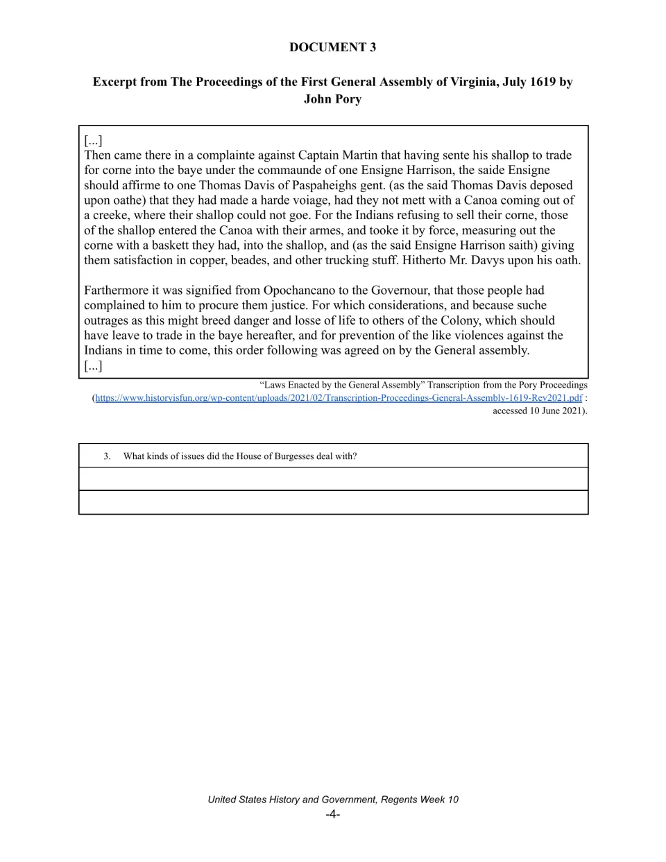 Document 3, Pory's 1619 Virginia General Assembly proceedings: students name issues the House of Burgesses handled