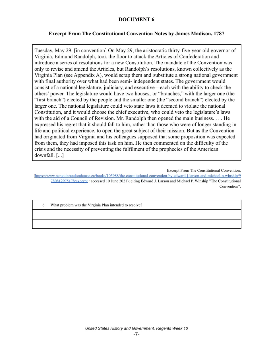 Document 6, Constitutional Convention account of Randolph's Virginia Plan: students state what problem it aimed to fix