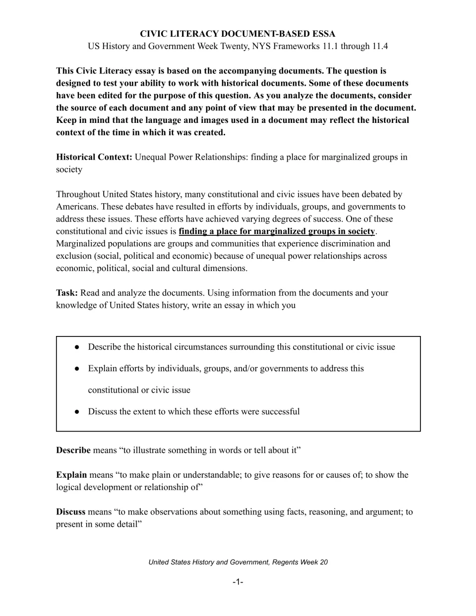 Essay task on unequal power and marginalized groups: students describe circumstances, explain efforts and discuss success