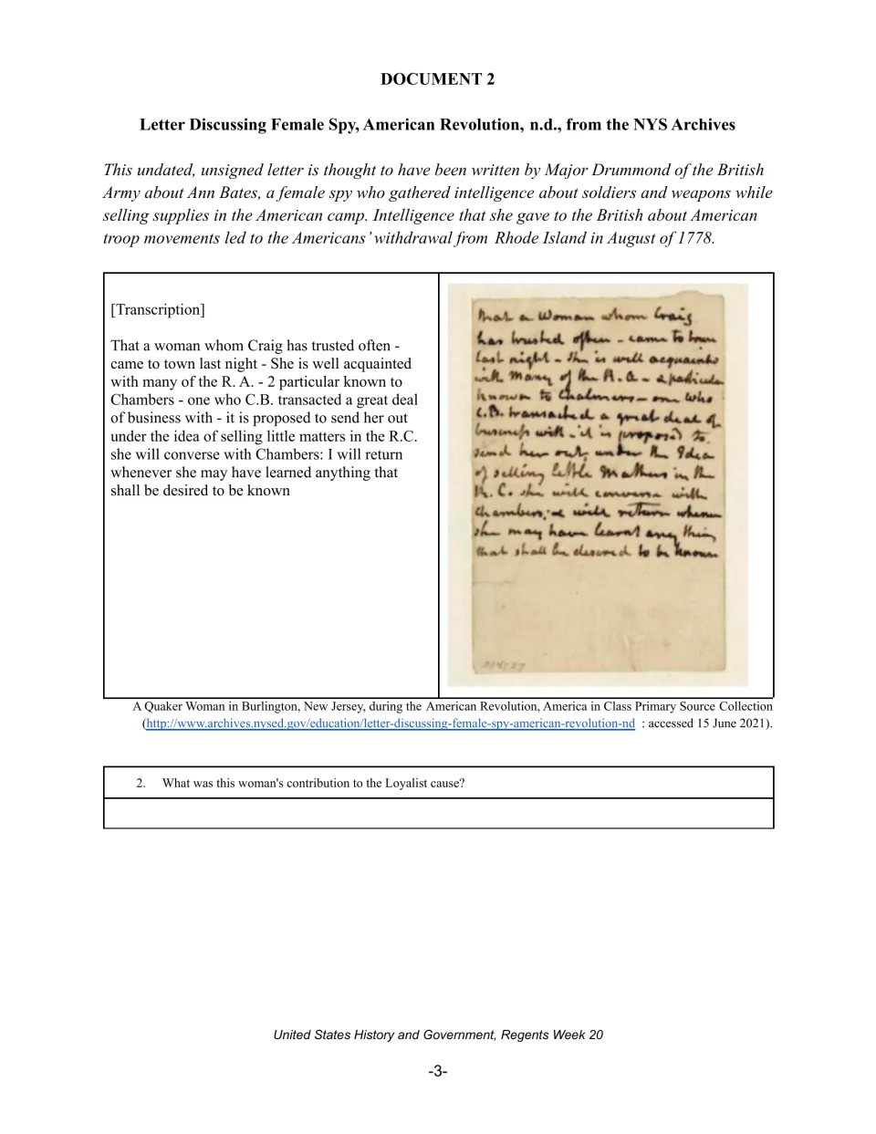 Document 2, letter about spy Ann Bates: students read the transcription and explain her contribution to the Loyalist cause