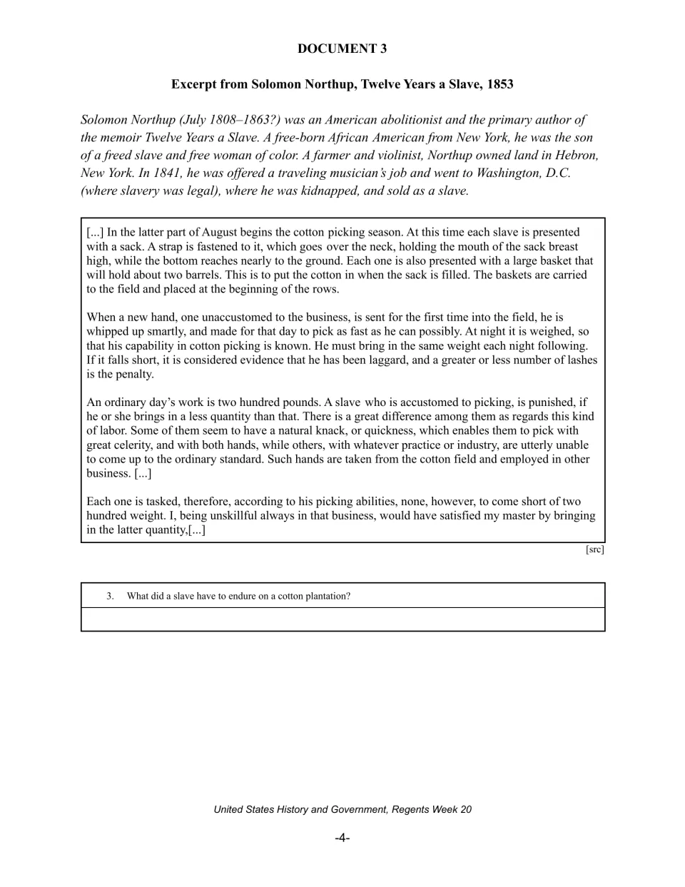 Document 3, Twelve Years a Slave excerpt on cotton picking quotas: students describe what enslaved people endured