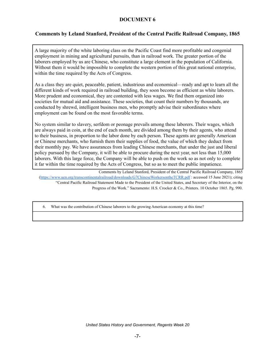 Document 6, Leland Stanford's 1865 comments on Chinese railroad workers: students assess their economic contribution
