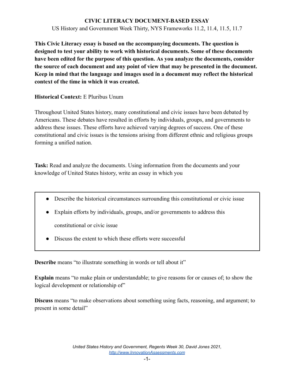 Historical context E Pluribus Unum: essay task on ethnic and religious tensions, defining describe, explain and discuss