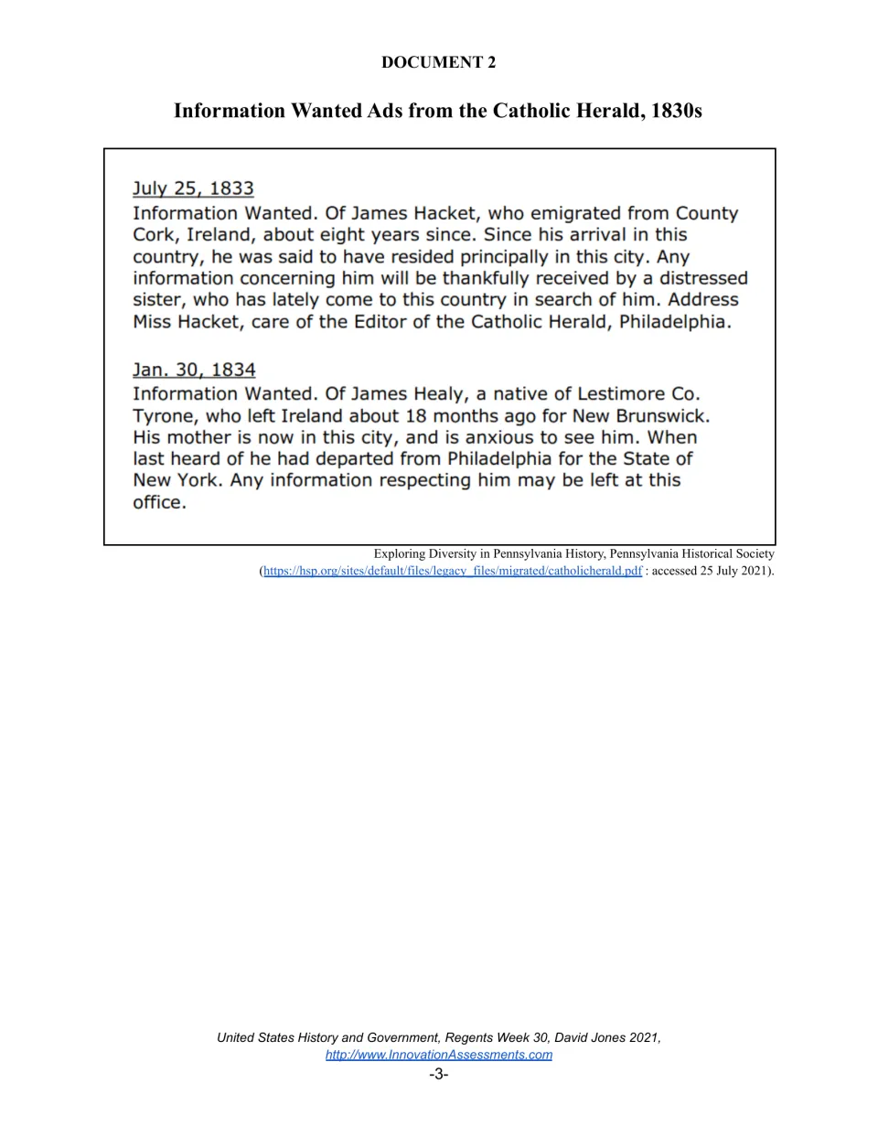 Document 2, Catholic Herald 1830s ads: Irish immigrant families seek missing relatives James Hacket and James Healy