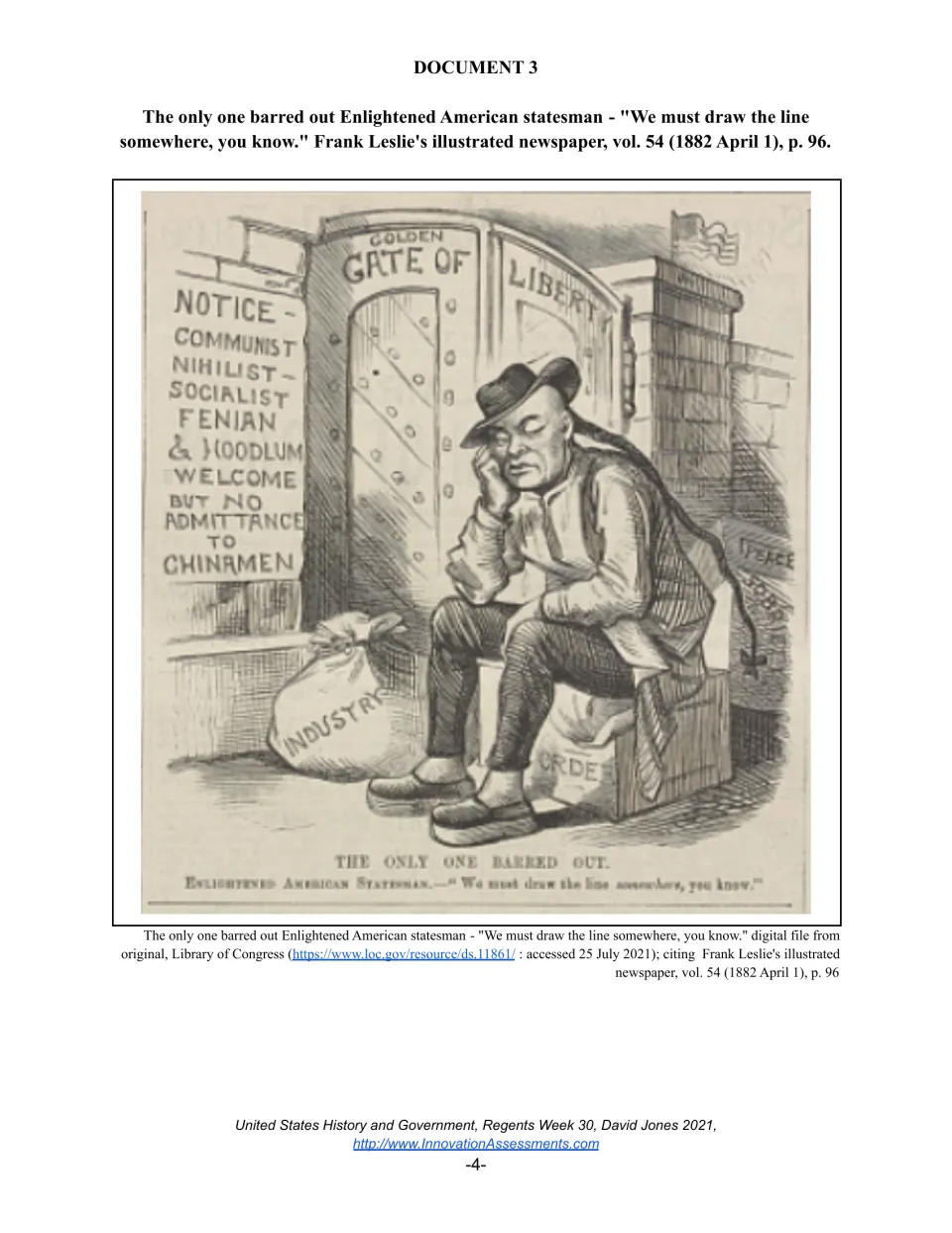 Document 3, 1882 Frank Leslie's cartoon: a Chinese man sits barred outside the Golden Gate of Liberty for source analysis