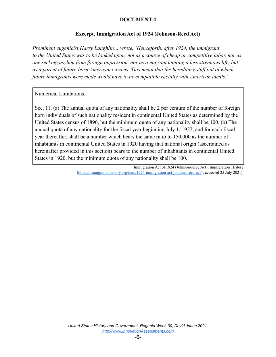 Document 4, Immigration Act of 1924 excerpt: Harry Laughlin quote and the Section 11 national-origin quota limits