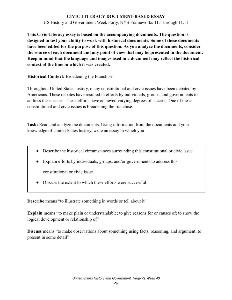 Broadening the franchise essay task: students describe circumstances, explain efforts and discuss their success