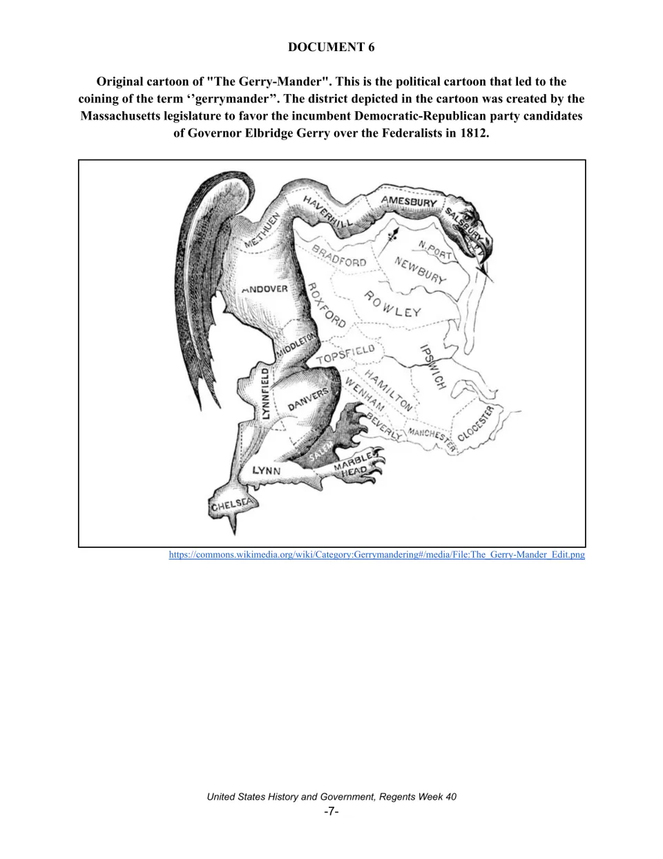 Document 6: 1812 Gerry-Mander cartoon, a Massachusetts district map drawn as a winged creature with town names