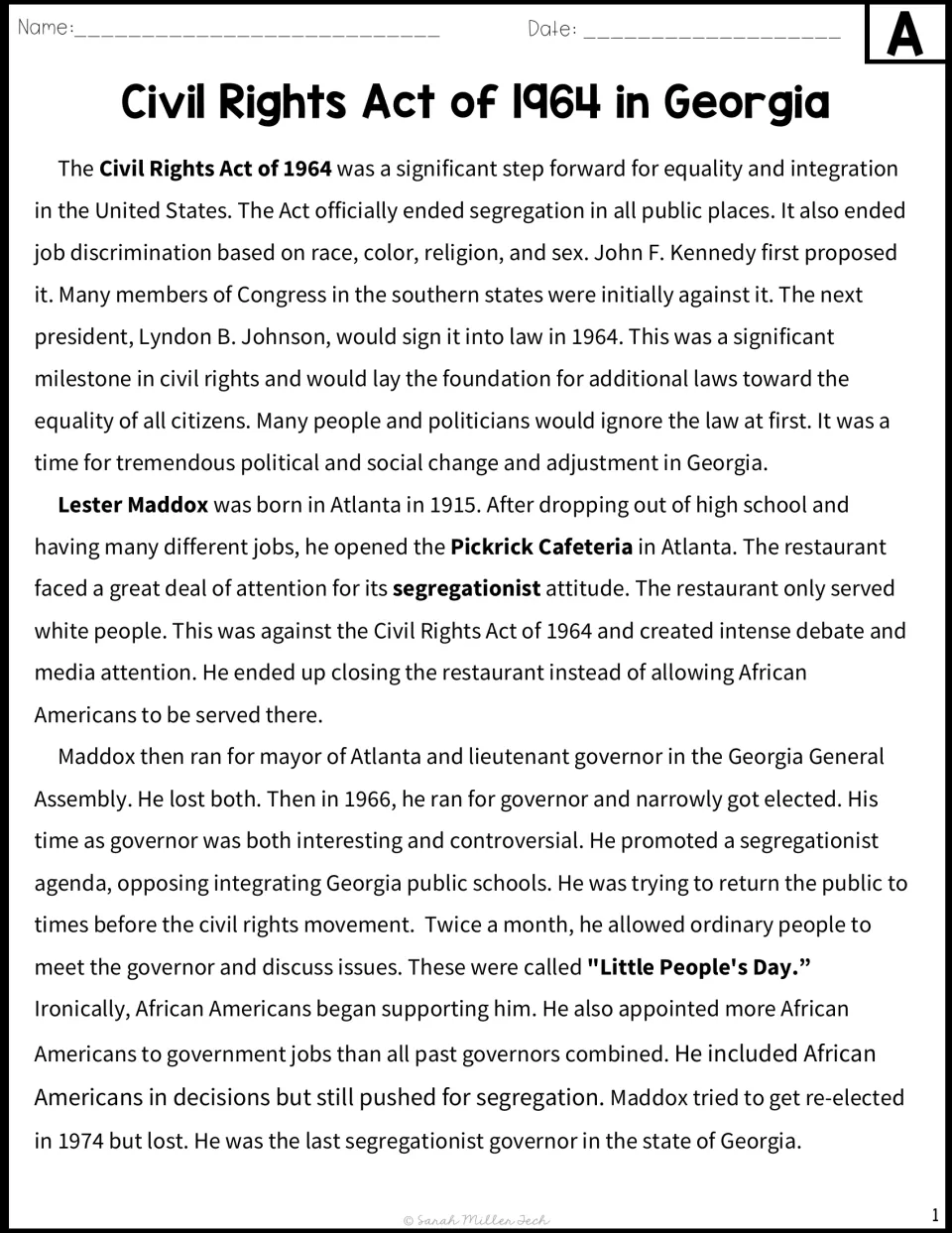 Version A reading passage covers the Civil Rights Act of 1964, Lester Maddox, and his segregationist policies.
