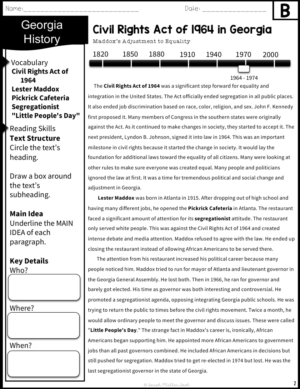 Version B passage adds vocabulary, a timeline, and prompts for identifying main ideas and key details.