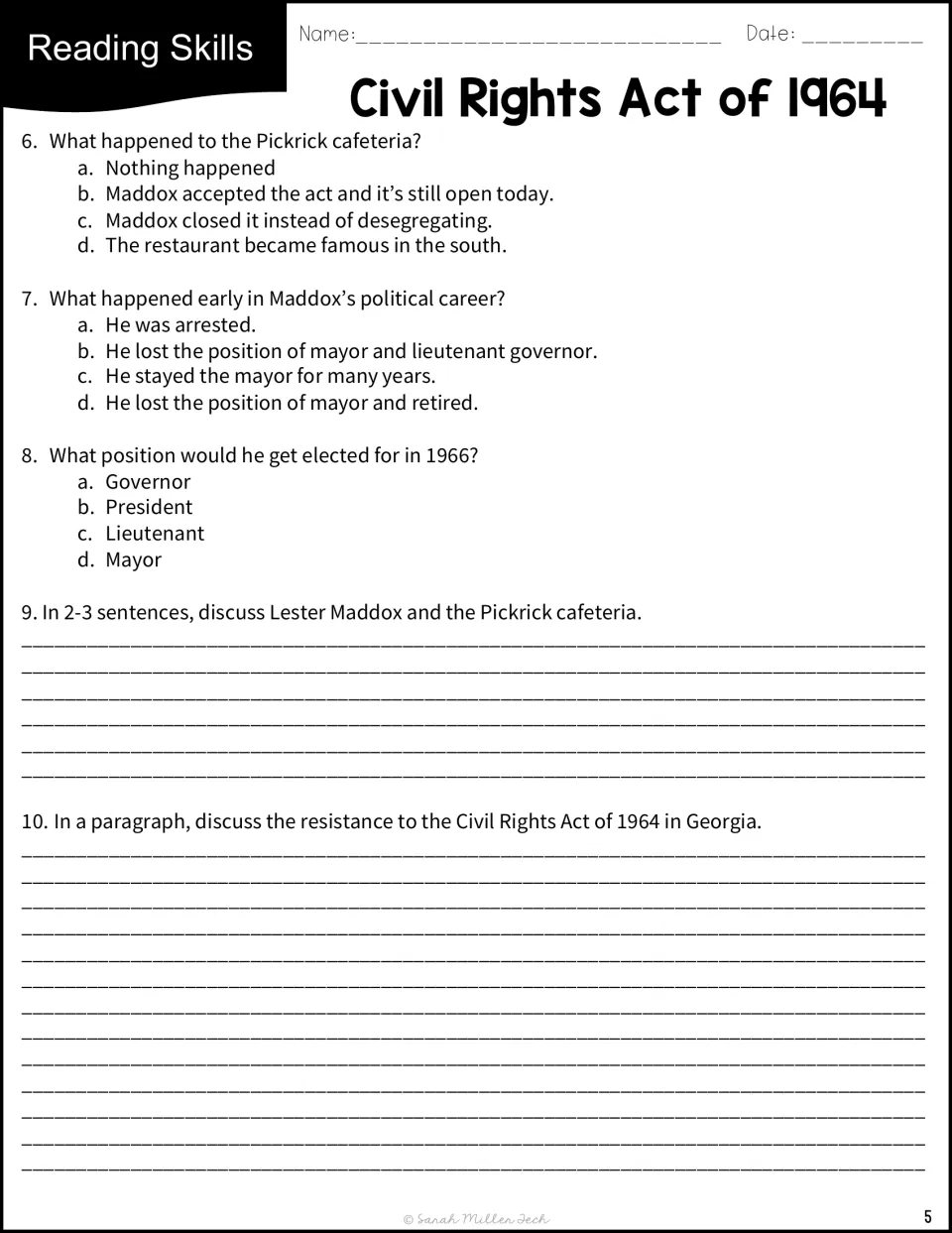 Questions 6–10 cover Maddox's restaurant and political career, ending with two written response prompts.
