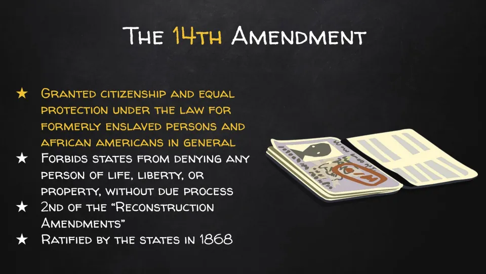 14th Amendment lecture slide covers citizenship, equal protection, due process, and ratification in 1868