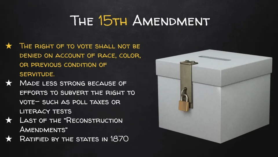 15th Amendment lecture slide covers voting rights, poll taxes, literacy tests, and ratification in 1870