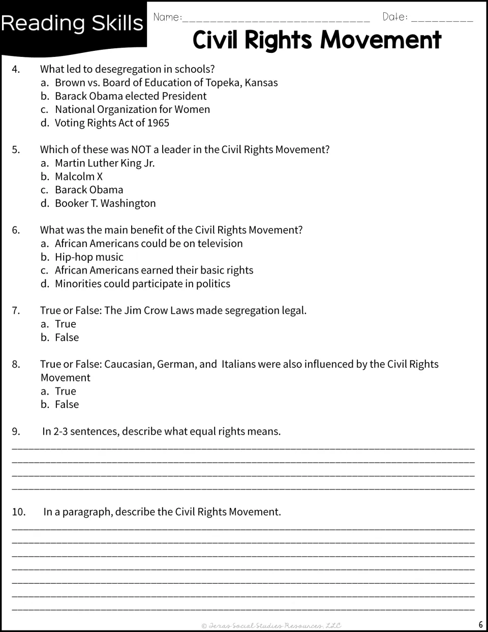 Passage comprehension questions 4-10: multiple choice, true/false and written answers on equal rights and the movement