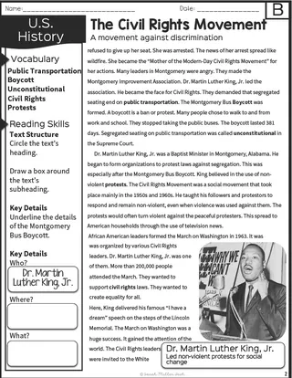 Civil Rights Movement – Reading Comprehension Packet – sample page 2