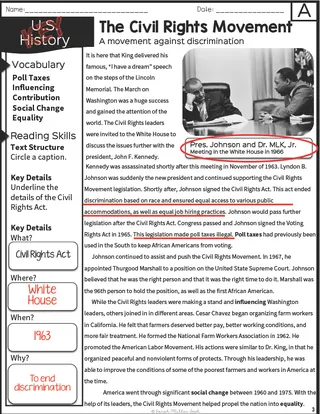 Civil Rights Movement – Reading Comprehension Packet – sample page 4