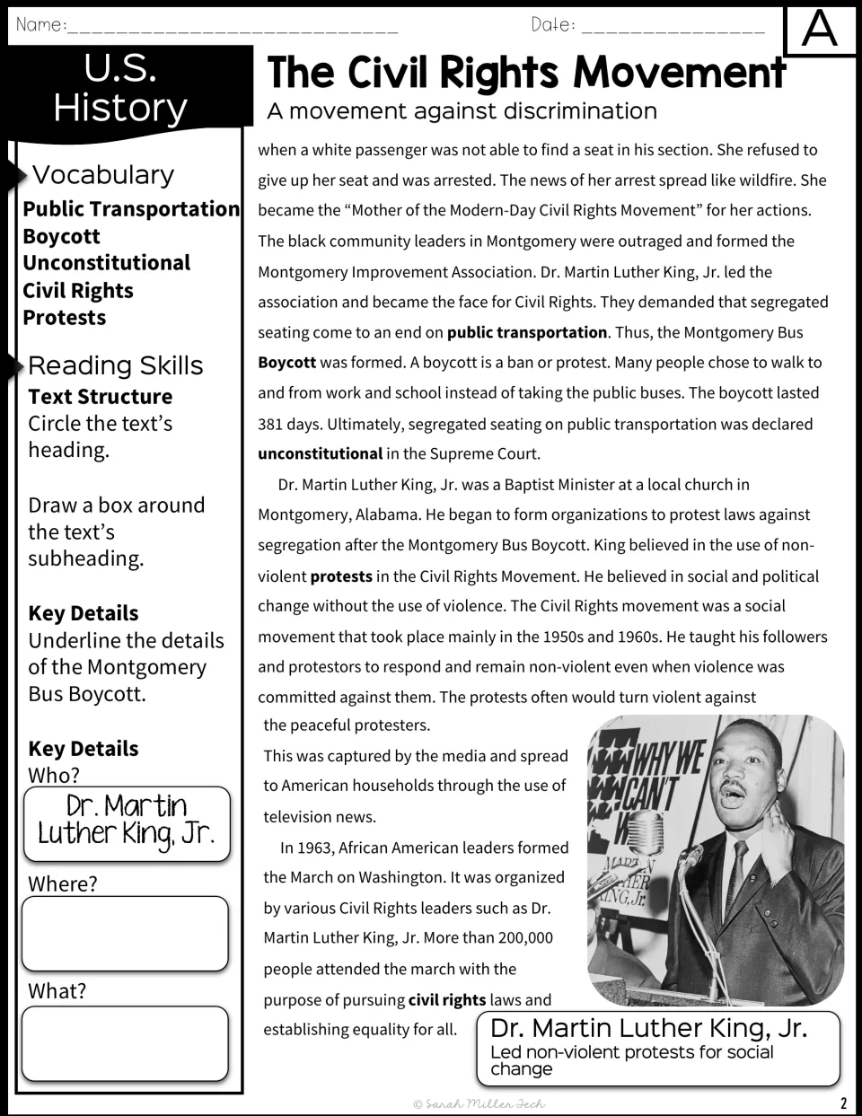 Version A passage part 2 on Montgomery Bus Boycott and Dr. King; students underline boycott details, fill where and what
