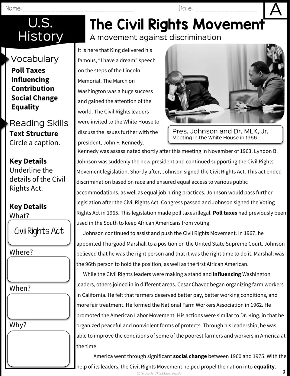 Version A passage part 3 on the Civil Rights Act, Voting Rights Act and Cesar Chavez; students circle a caption