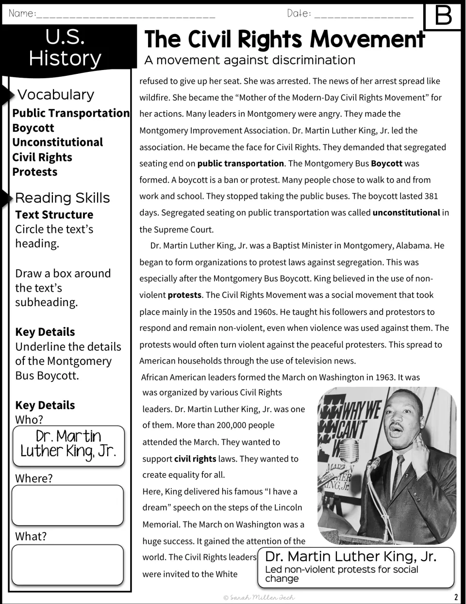 Version B part 2: Montgomery Bus Boycott, Dr. King and the March on Washington; students underline boycott details