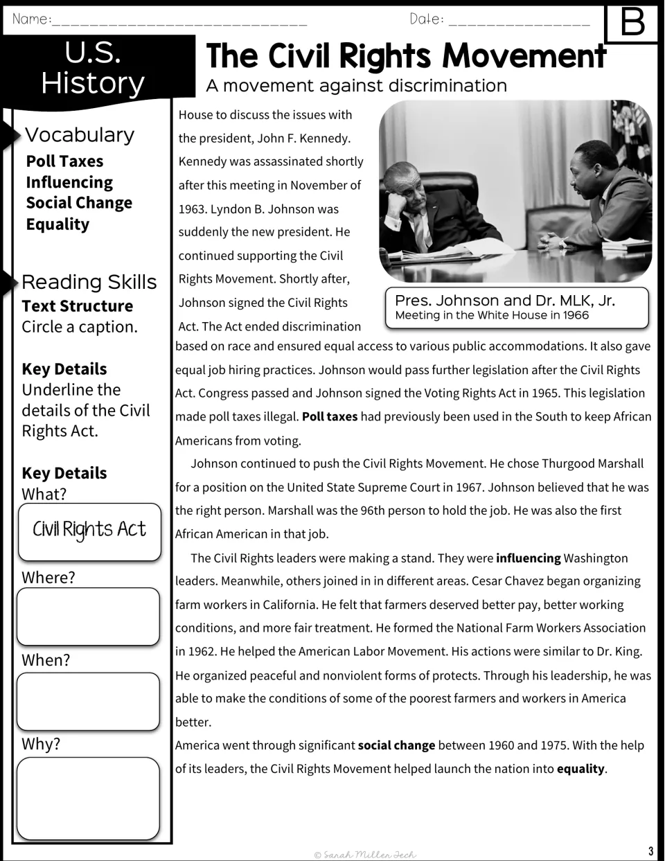 Version B part 3: Johnson, the Civil Rights Act, Thurgood Marshall and Cesar Chavez; students answer when, where, why
