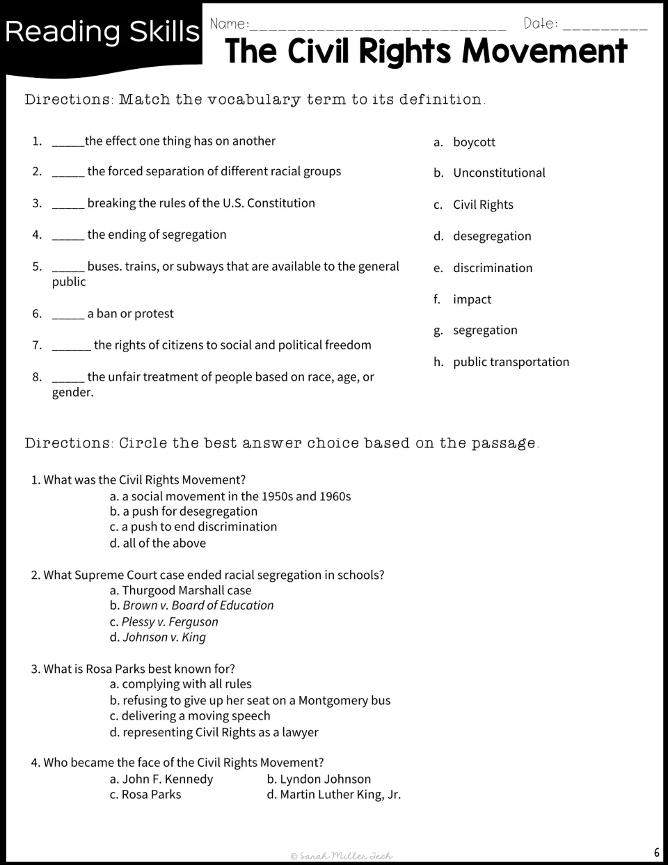 Civil rights vocabulary and comprehension: match 8 terms like boycott and segregation, then answer 4 multiple-choice items