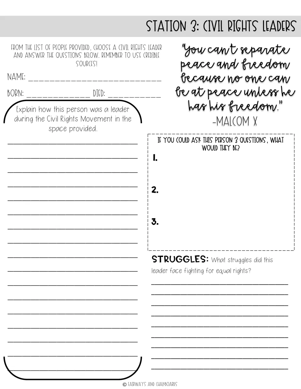 Civil rights leaders research sheet: students record a leader's dates, leadership, three questions and struggles faced