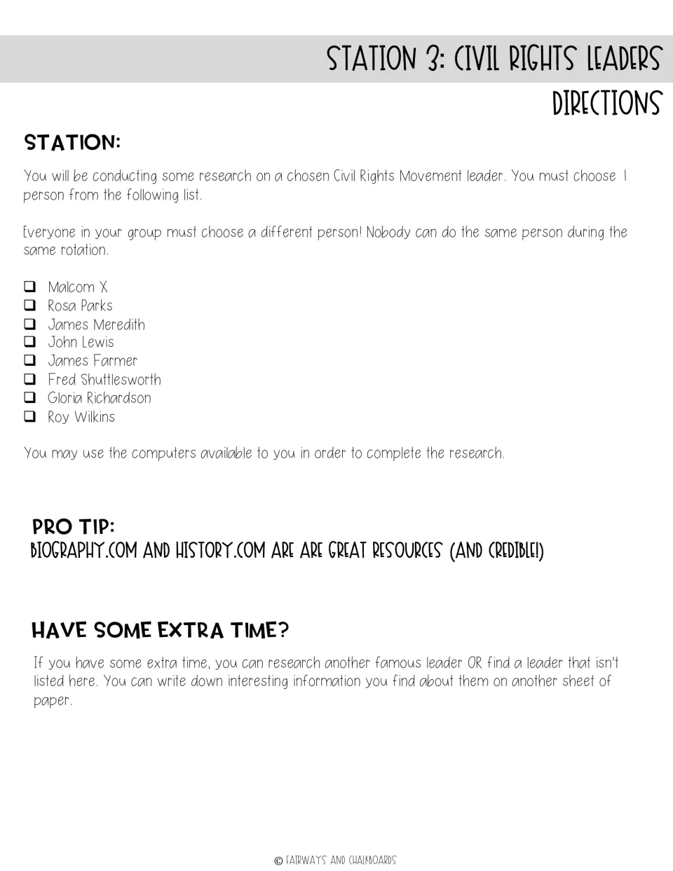 Station 3 directions: each student picks a different leader from a list of eight and researches them using credible sites