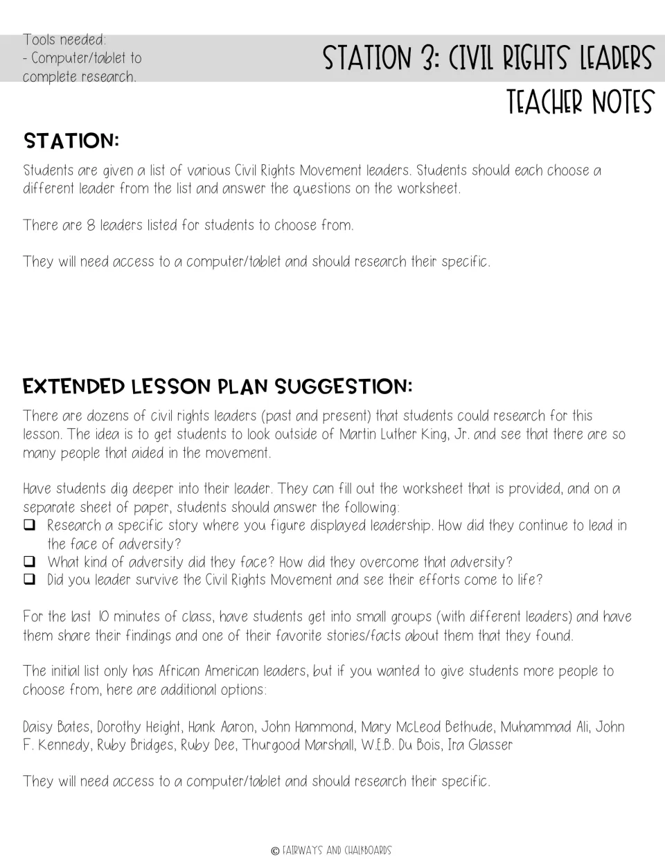 Teacher notes for the leaders station: research tools, extension questions on adversity and extra leader names to offer