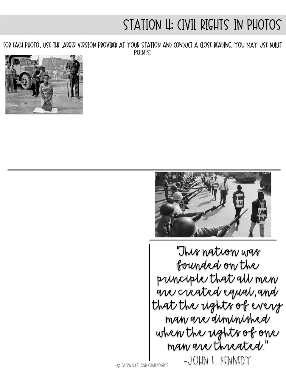 Civil rights in photos station: students close-read two historic photos, one with I AM A MAN signs, in bullet notes
