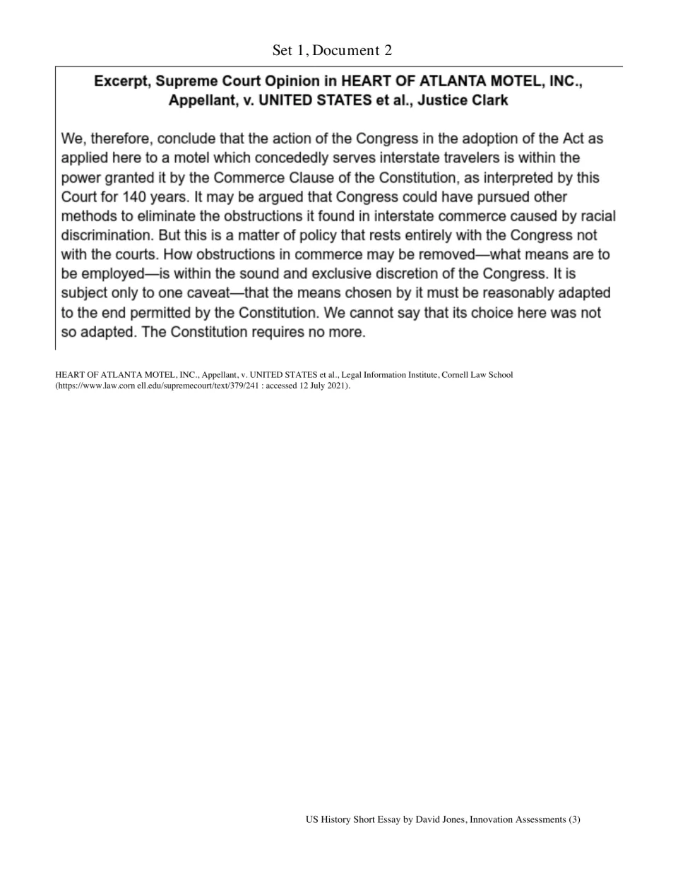 Set 1, Document 2: Heart of Atlanta Motel Supreme Court excerpt on congressional power and racial discrimination