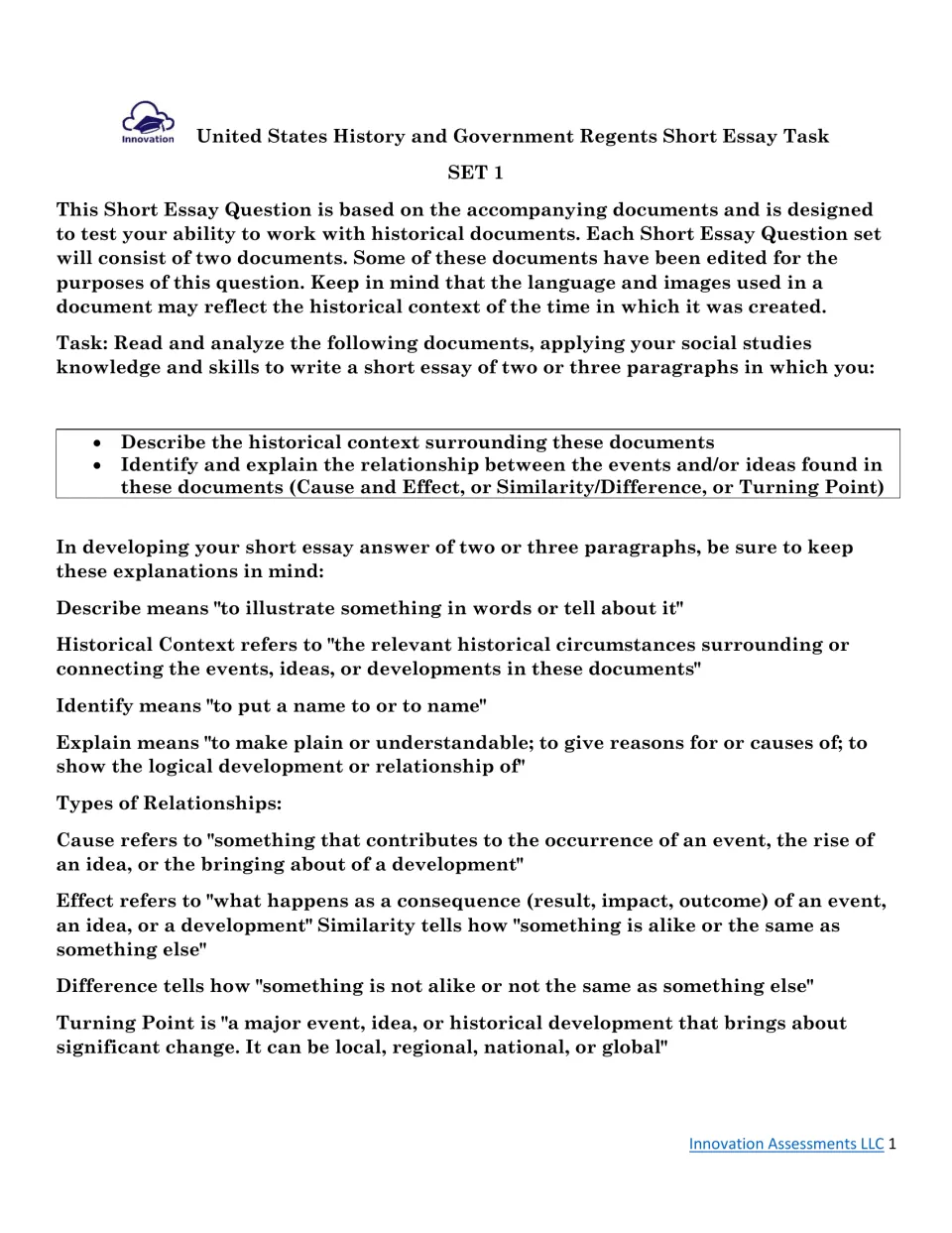 Set 1 short essay task: students describe historical context and explain cause-effect, similarity or turning point links