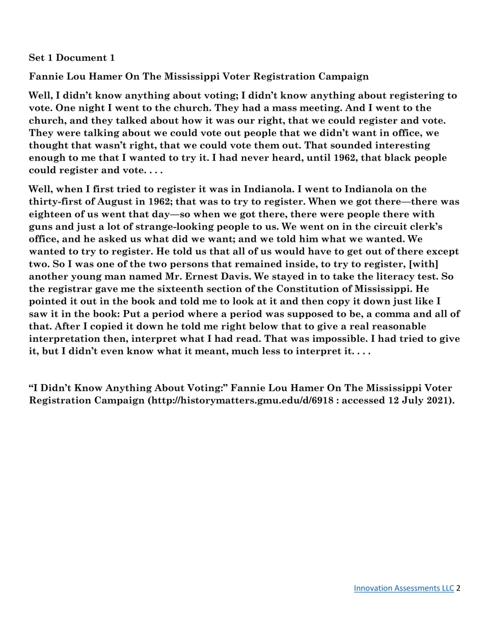 Fannie Lou Hamer account of her 1962 attempt to register to vote in Indianola, Mississippi, for primary source analysis