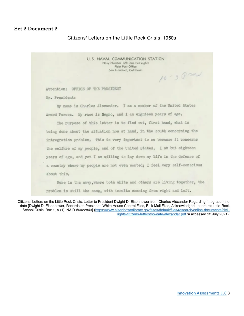 Little Rock Crisis letter: 18-year-old sailor Charles Alexander writes President Eisenhower asking about integration