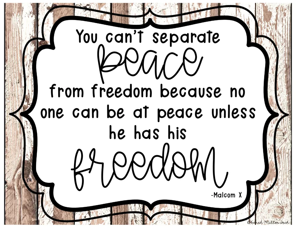 Civil rights quote poster stating that peace cannot be separated from freedom, attributed to 'Malcom X'