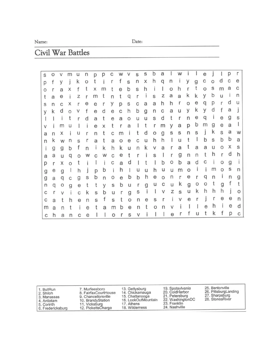 Civil War Battles word search: students find 28 battle names such as Bull Run, Shiloh, Antietam, Gettysburg and Vicksburg