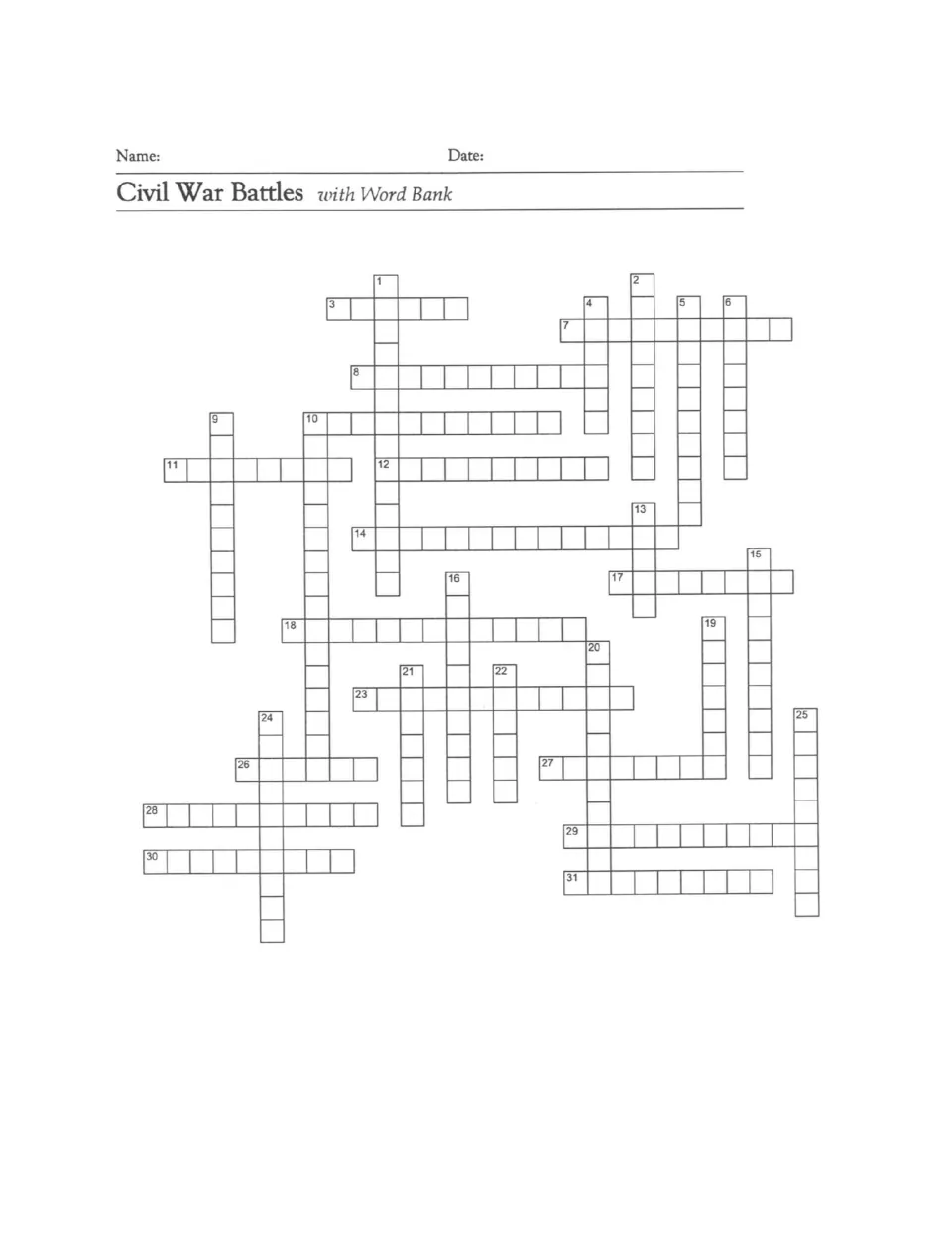 Civil War Battles crossword with word bank: students fill in battle names in a numbered puzzle using clues on the next page