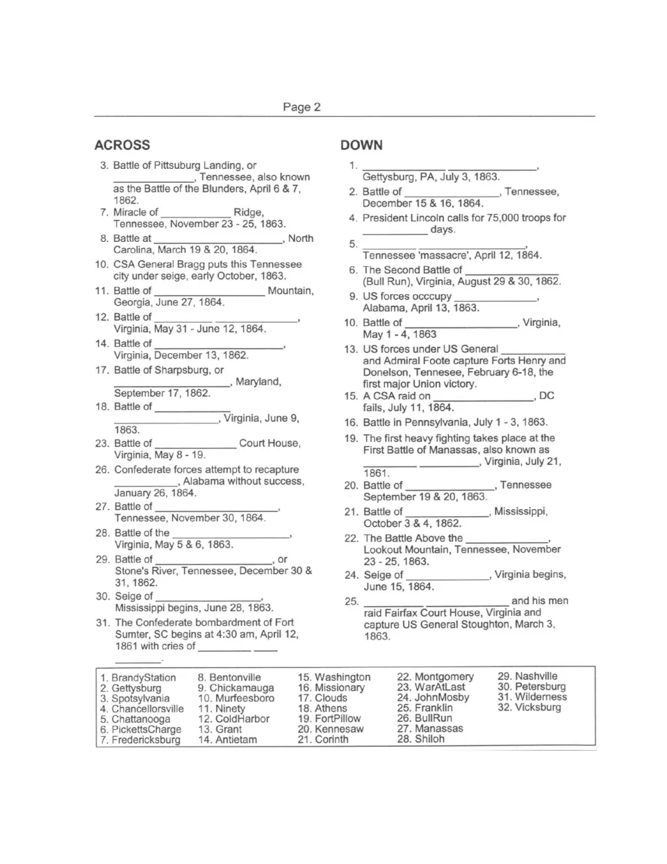 Battles crossword clues: Across and Down items with dates and places, plus a 32-word bank from Brandy Station to Vicksburg