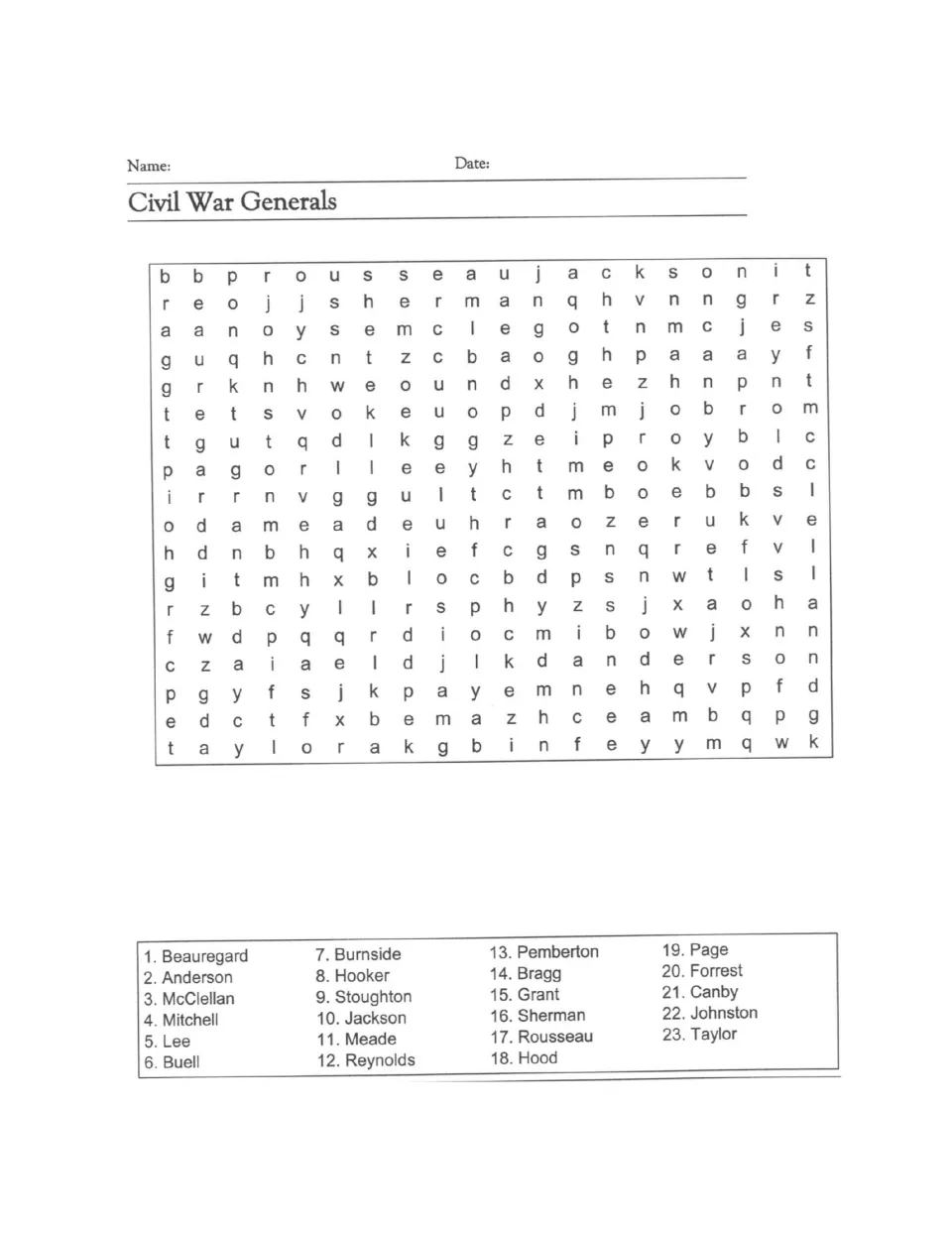 Civil War Generals word search: students find 23 generals' names including Beauregard, McClellan, Lee, Grant and Sherman