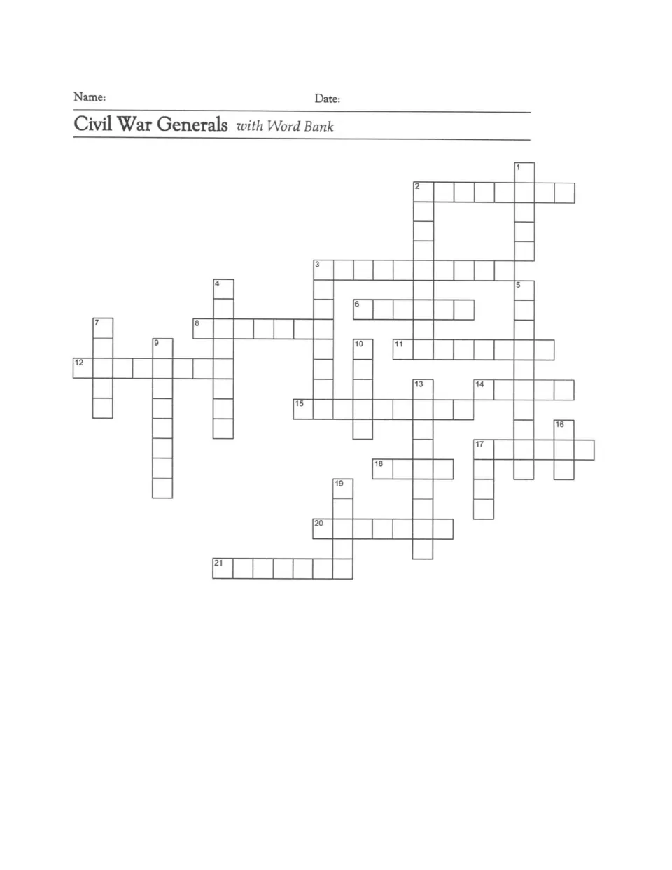 Civil War Generals crossword with word bank: students solve 21 clues by writing in generals' surnames