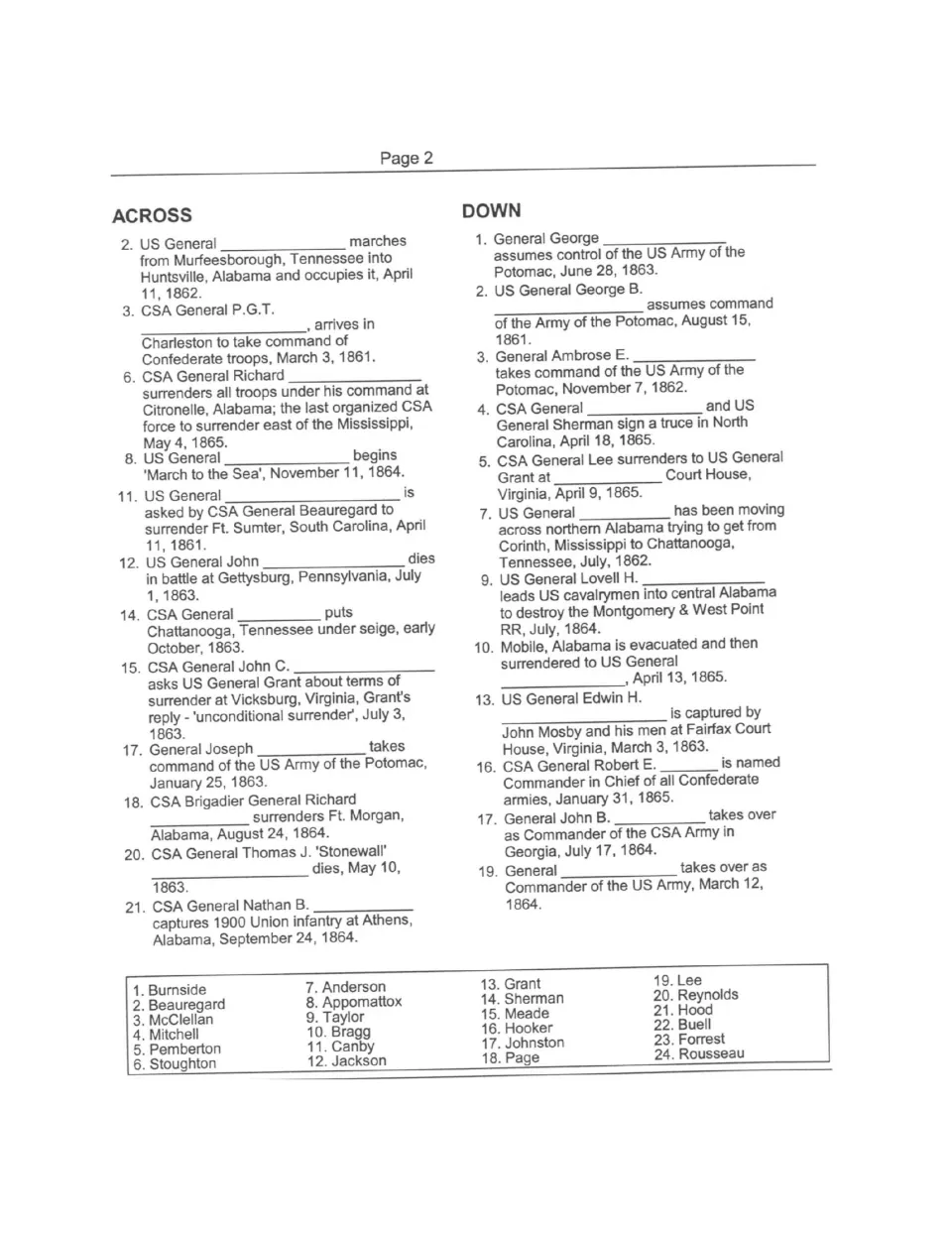 Generals crossword clues: events like Lee's surrender at Appomattox and Sherman's March to the Sea, with a 24-word bank