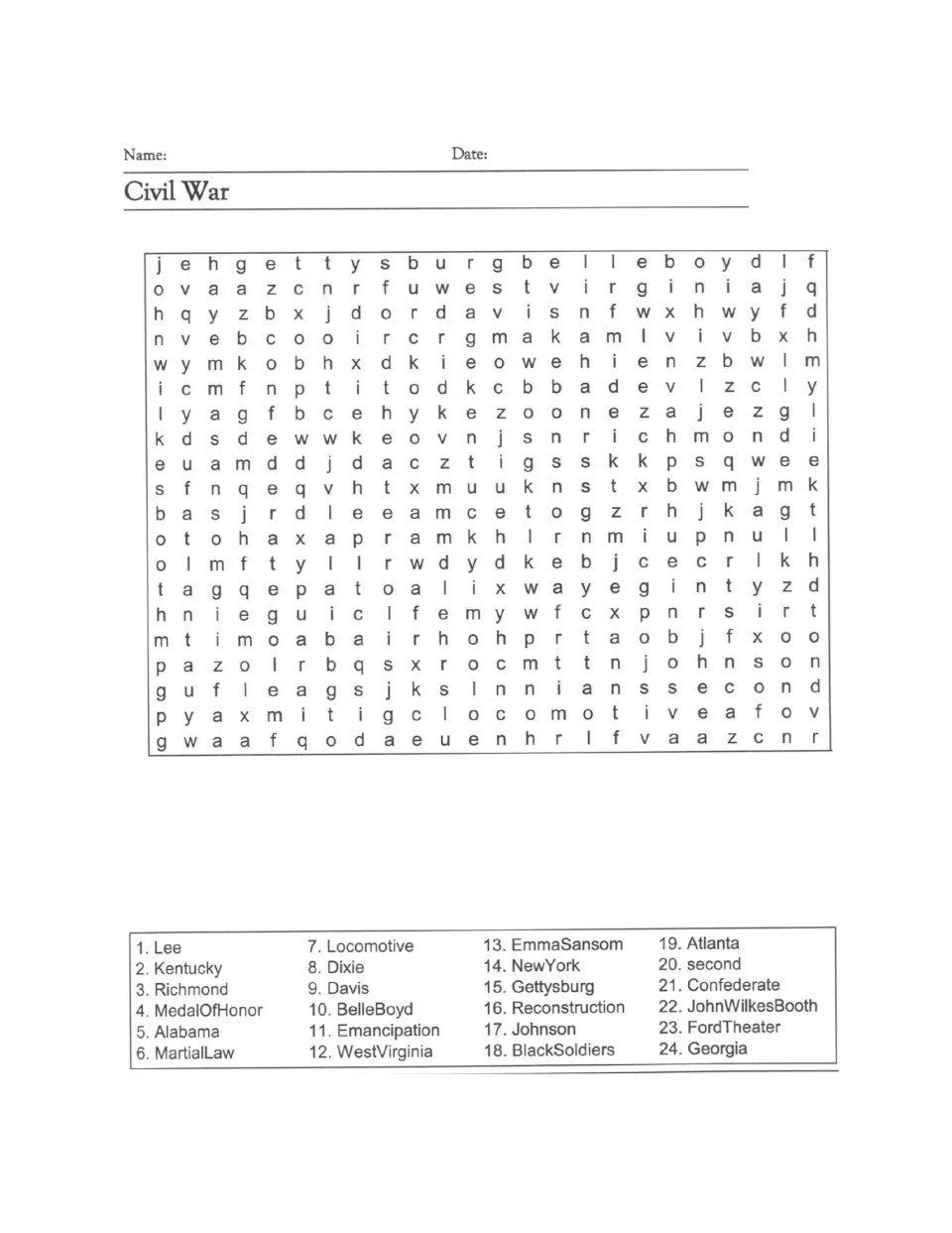 Civil War word search: students find 24 terms such as Emancipation, Reconstruction, Belle Boyd and Ford Theater