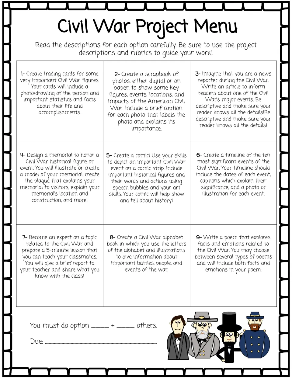 Nine Civil War project choices, from trading cards and a scrapbook to a comic, timeline and poem; students pick options