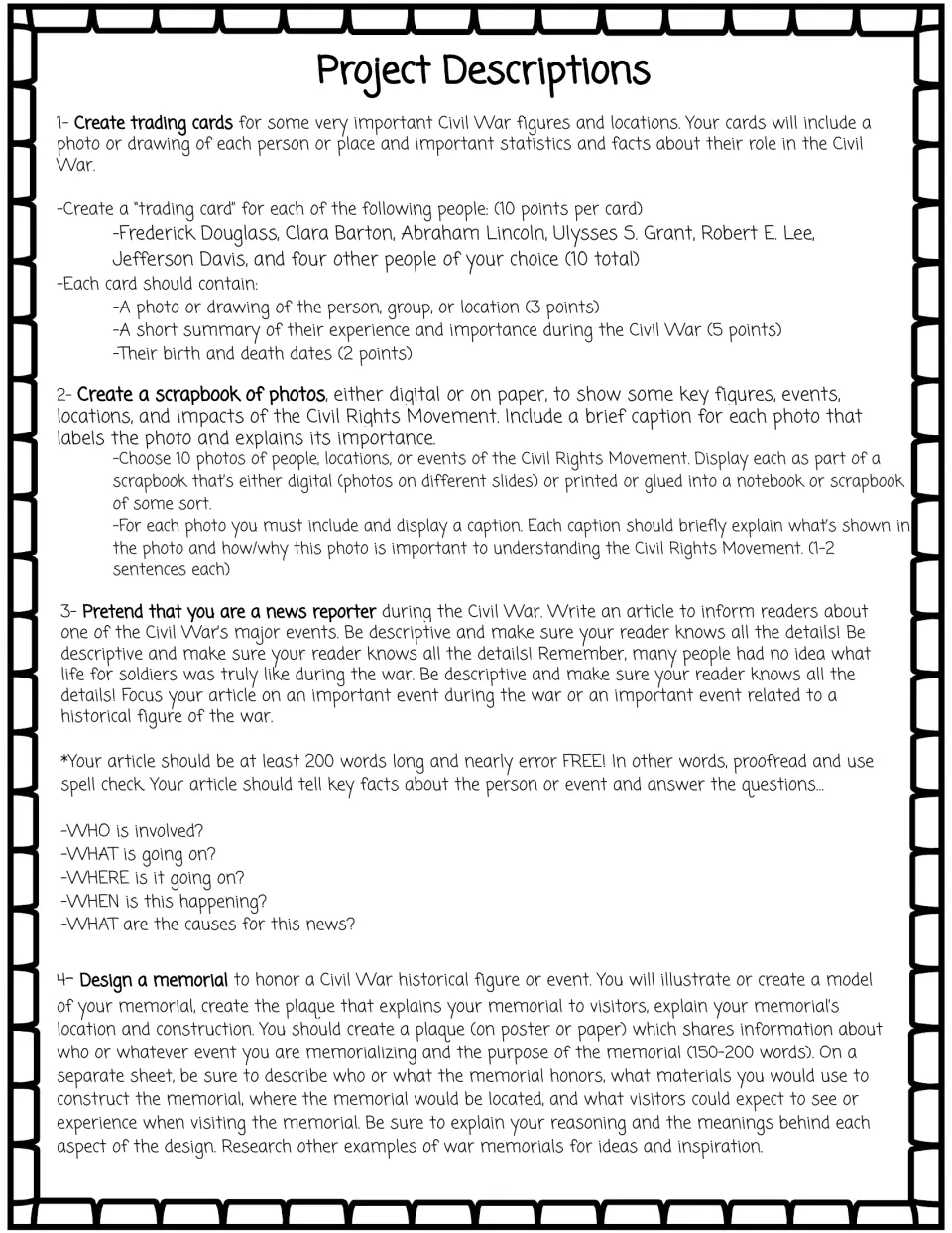 Civil War project descriptions 1-4: directions for trading cards, a photo scrapbook, a news article and a memorial design
