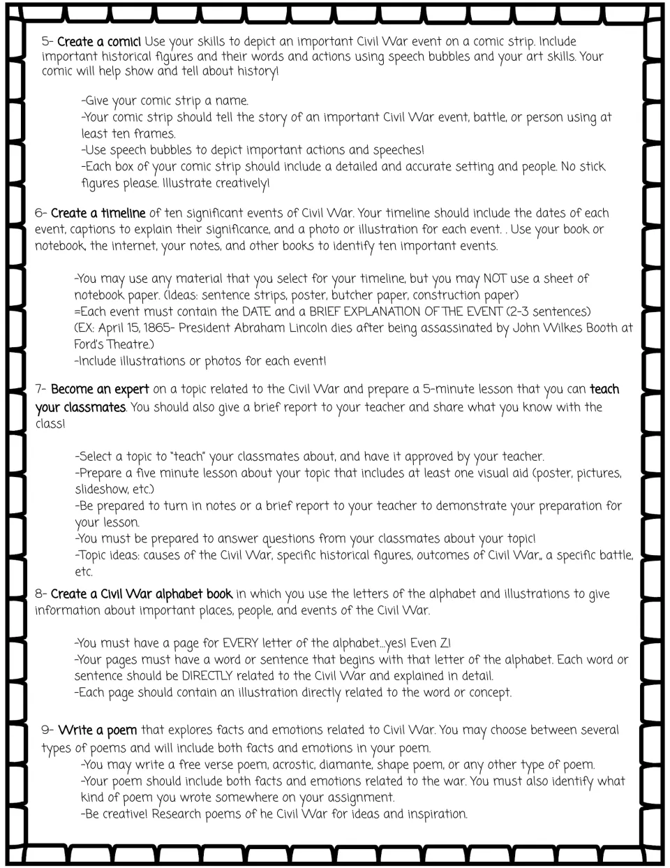 Project descriptions 5-9: a 10-frame comic, a dated timeline, a 5-minute class lesson, an alphabet book and a poem