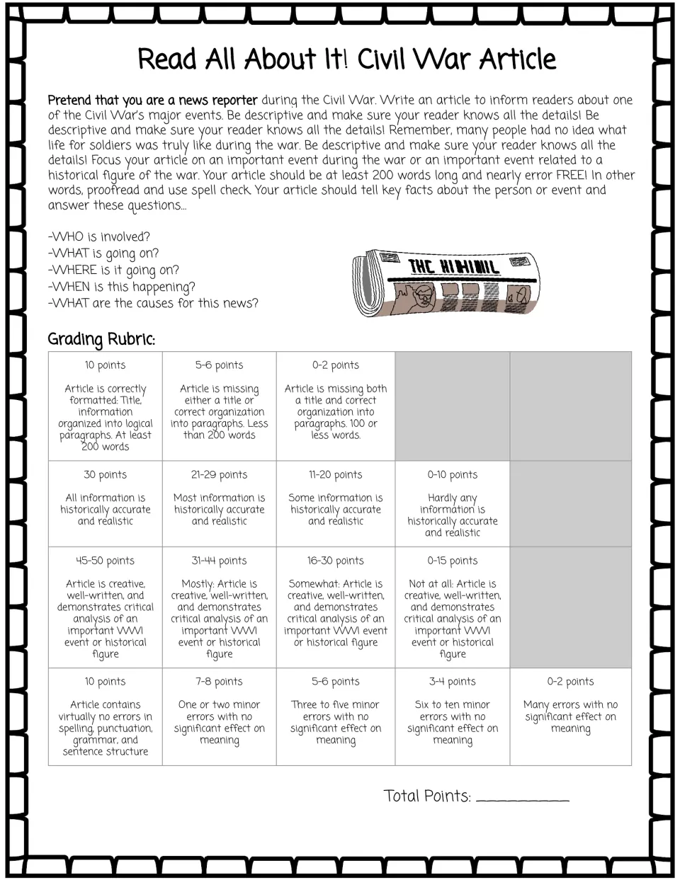 Read All About It! Civil War article: students write a 200-word news report answering who, what, where, when and causes