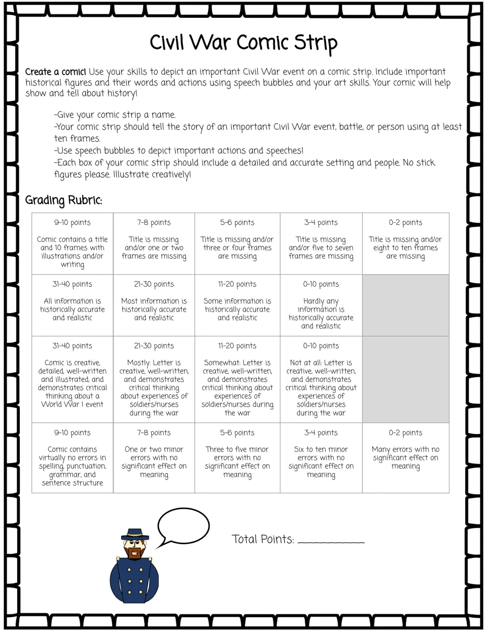 Civil War comic strip: students tell a battle, event or person's story in at least 10 frames with speech bubbles