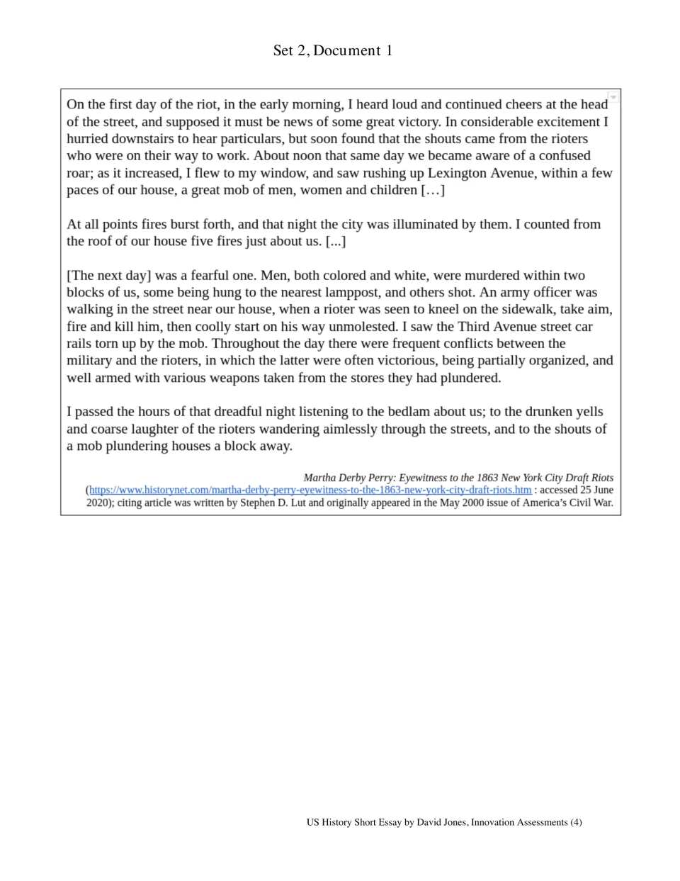 Set 2, Document 1: Martha Derby Perry's eyewitness account of 1863 New York City Draft Riots, describing mobs and fires