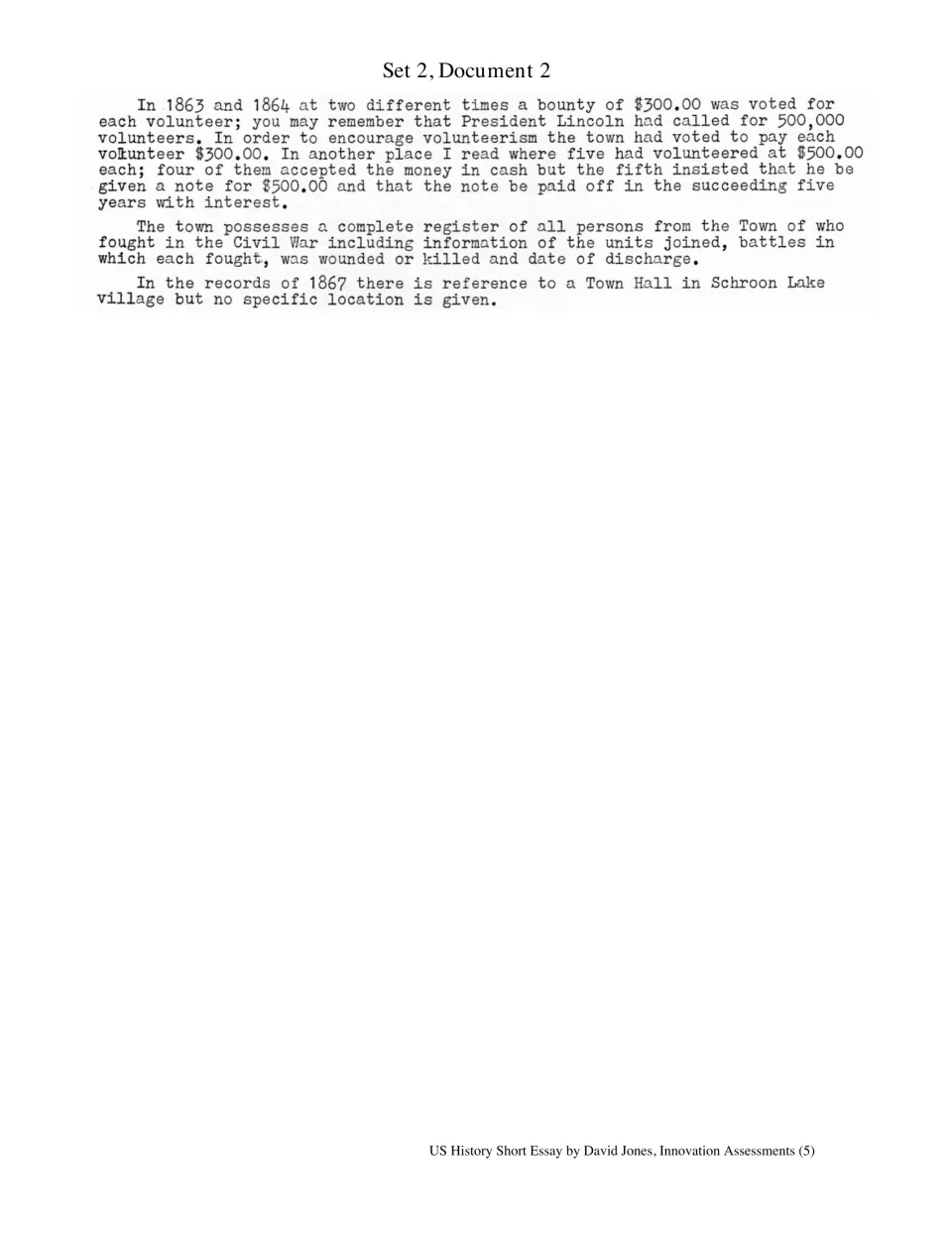 Set 2, Document 2: town record of $300 Civil War volunteer bounties voted in 1863-64 and a register of local soldiers