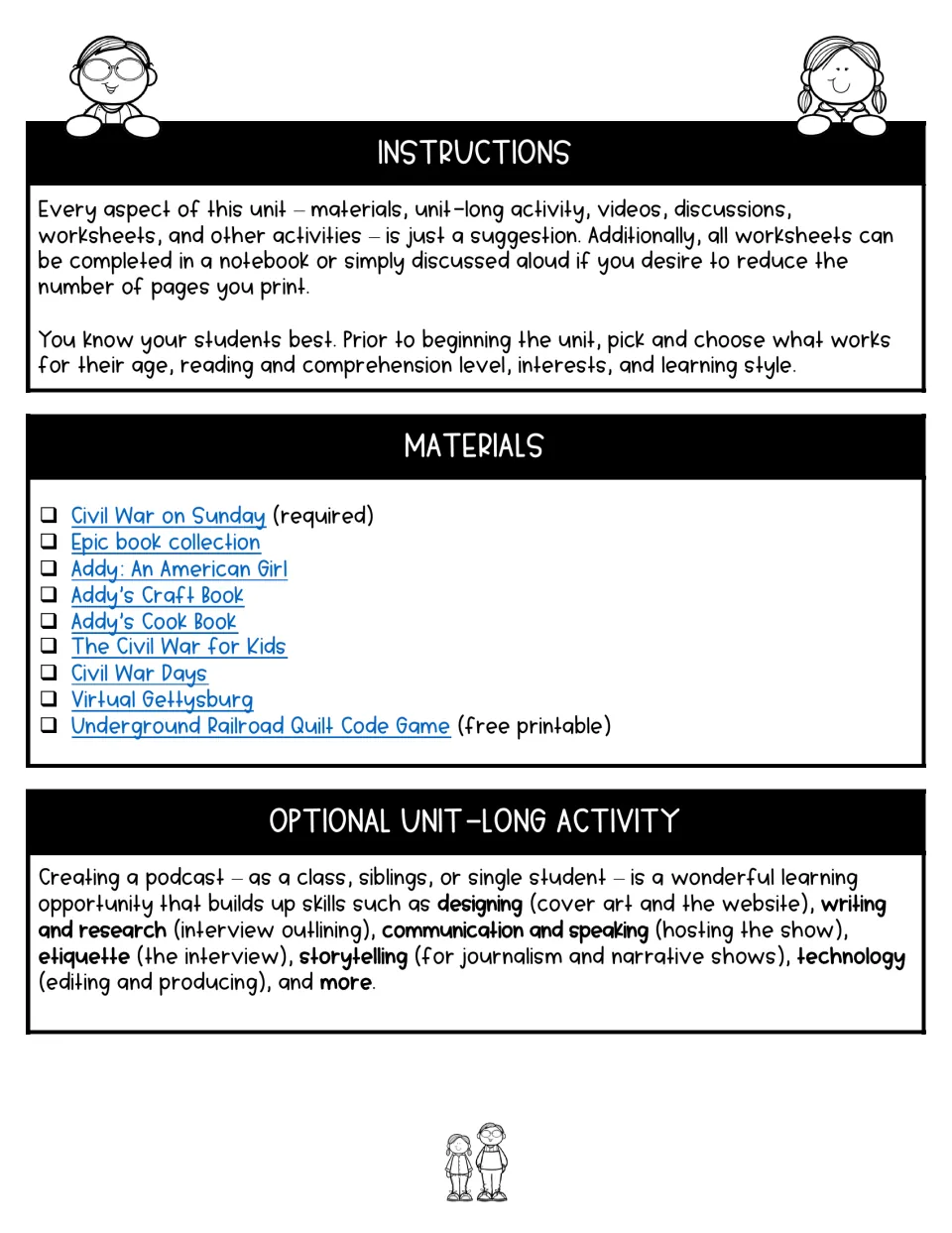 Teacher guidance lists required and optional materials and suggests creating a podcast throughout the unit.