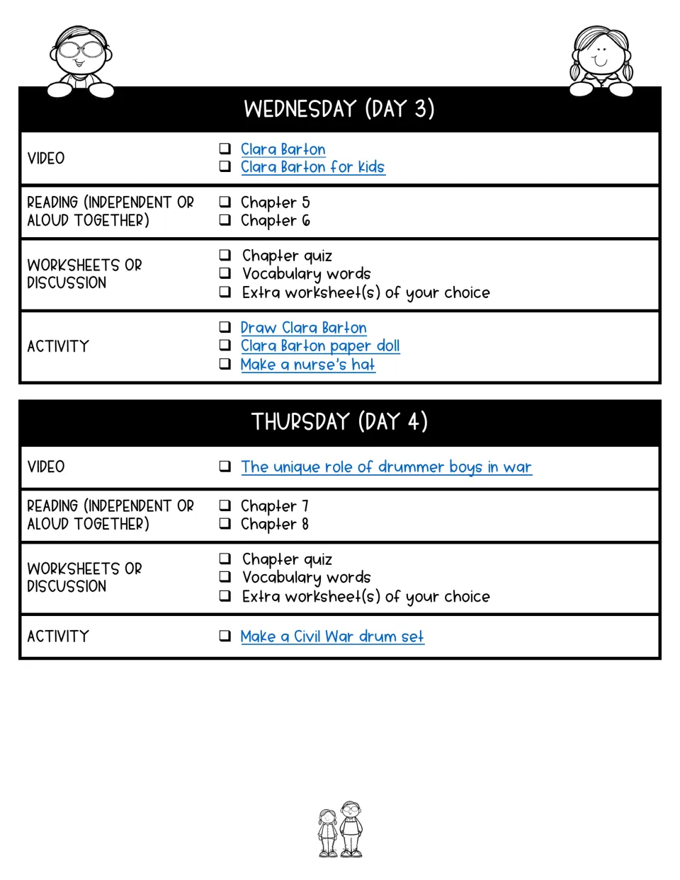 Days 3–4 assign chapters 5–8, Clara Barton and drummer boy videos, quizzes, vocabulary, and related crafts.